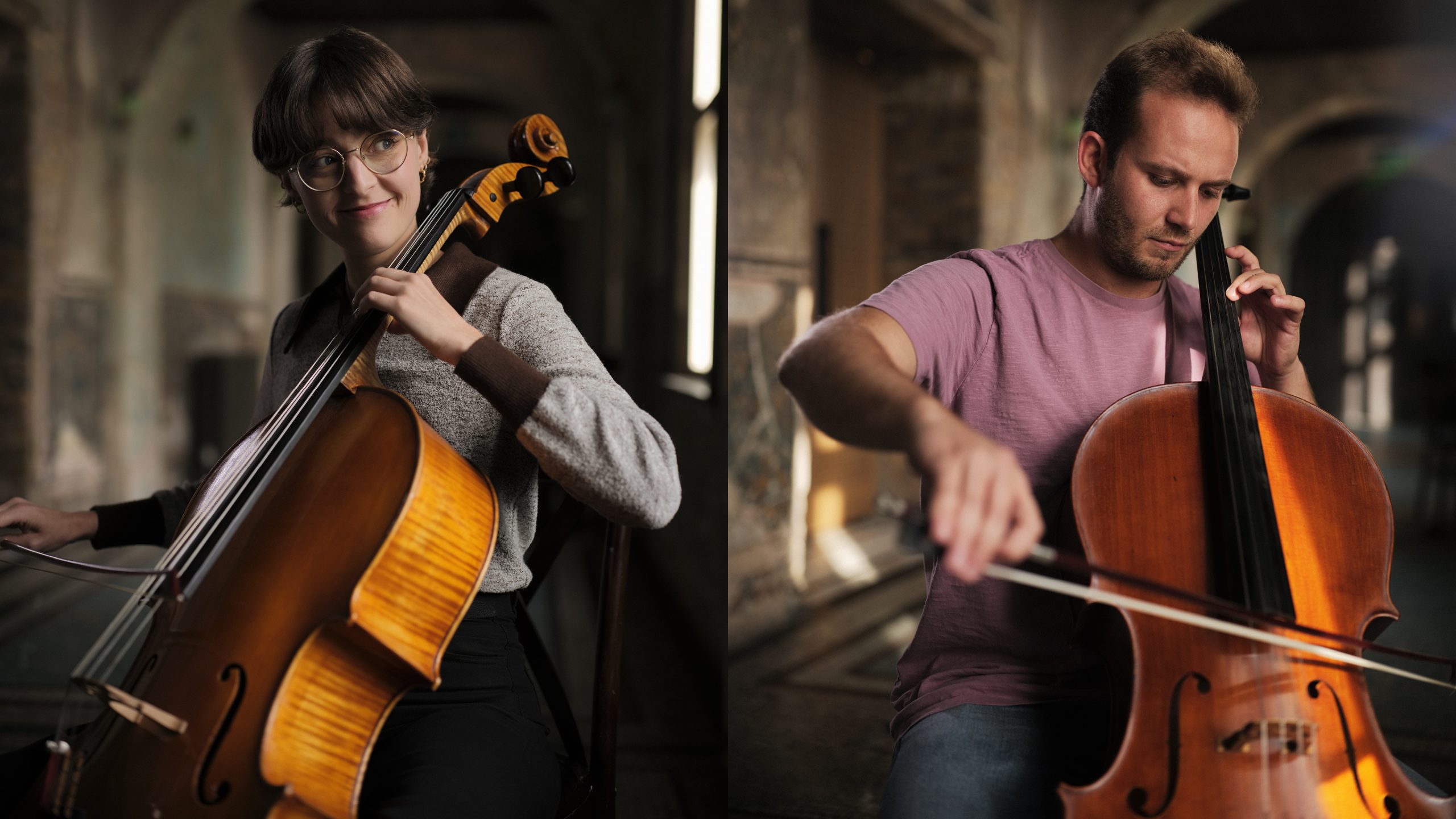 Chromatica Orchestra musicians playing cello in a brand design campaign photoshoot. Brand identity by Alphabet Studio